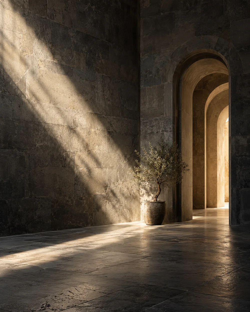 Light falling through a quiet stone archway