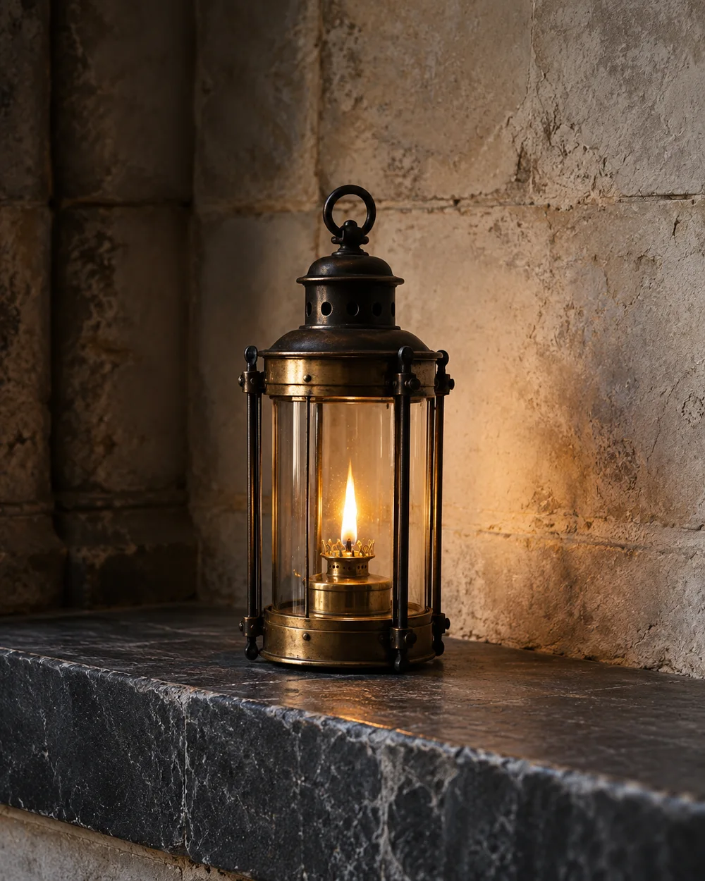 A warm lantern on dark stone